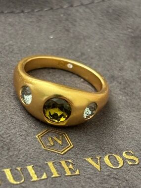 Julie Vos Gold Ring with Olive Green Center and Clear Accents size 8